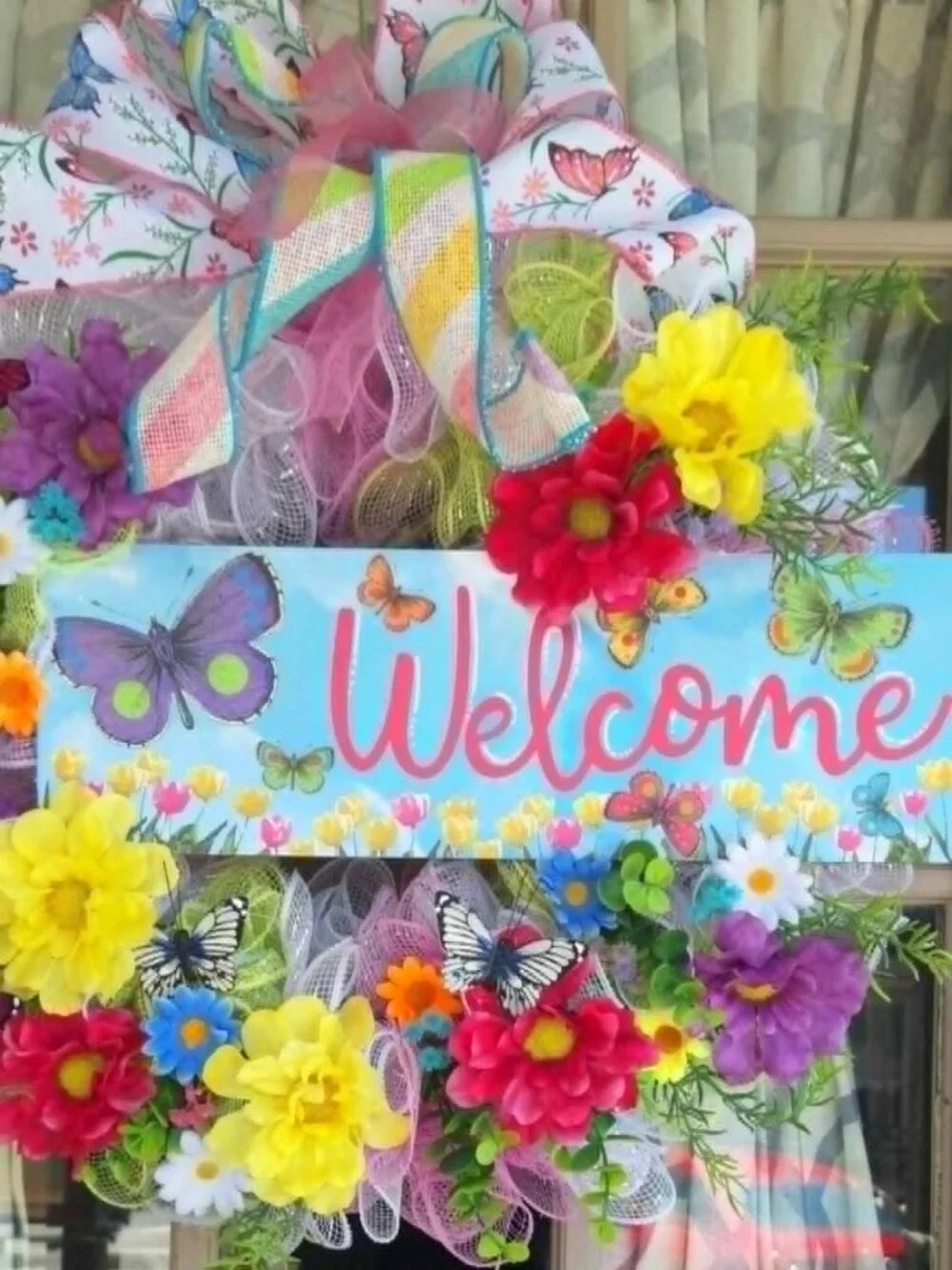 Handmade mesh ribbon floral wreath